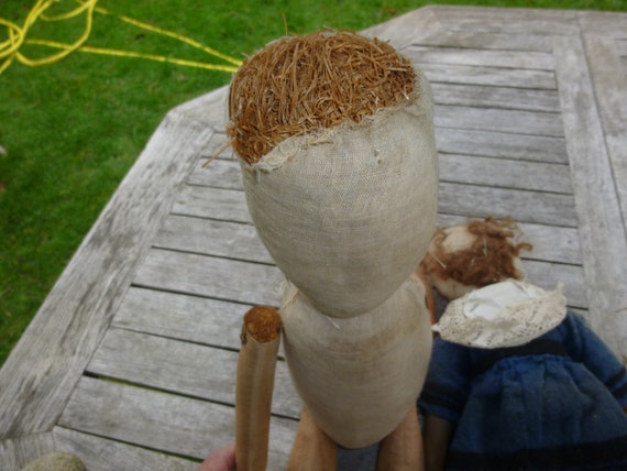 Poupée Ancienne Visage Carton Corps Tissu Bourrage Paille