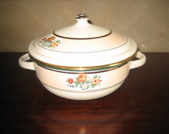 Ancienne cocotte plat en tôle émaillée décor fleurs