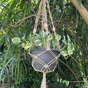 May include: A macrame plant hanger with wooden beads, holding a potted plant with green and white leaves. The hanger is made of natural fiber rope and has a tassel at the bottom.