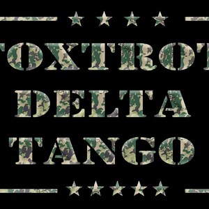 May include: A black and white image with a camouflage pattern border. The text "FOXTROT DELTA TANGO" is written in white letters with a camouflage pattern.