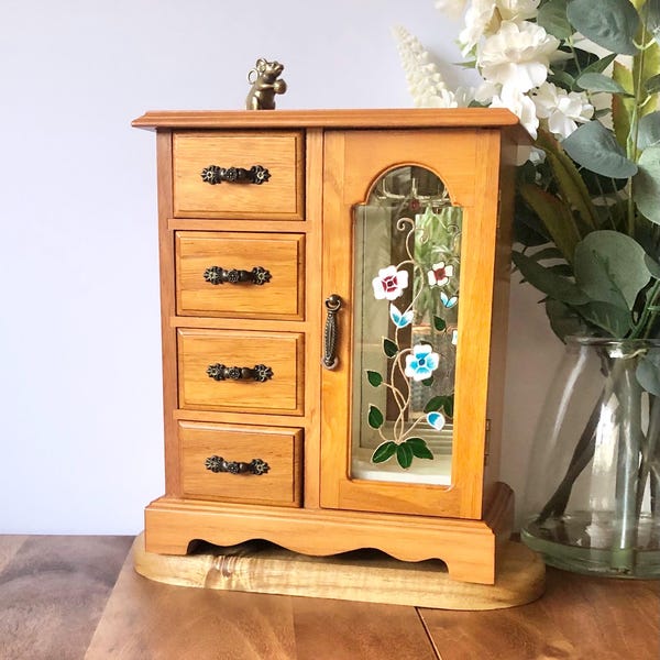 Vintage Wooden Mele Styled 80’s Jewellery Box - Excellent - Hand Painted Stained Glass - Plenty Of Storage - Timeless - 24Hr Delivery