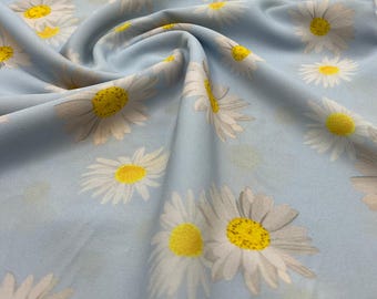 Sky Blue Daisy Lightweight Crepe Fabric 120GSM Non Stretch