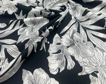 Black White Floral Lightweight Fabric 70GSM Non Stretch