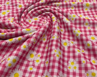 Pink Gingham Daisy Lightweight Stretch Fabric