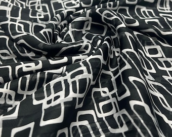 Black White Rectangles Printed Chiffon Dress Fabric