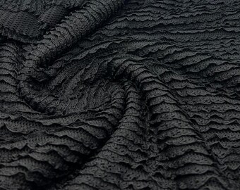 Black Ruffle Crochet Frill Knitted Stretch Fabric 300GSM