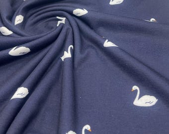 Navy Swan Print Spun Poly Stretch Fabric