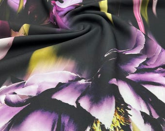 Black Purple Floral Lightweight Crepe Fabric 125GSM Non Stretch