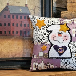 Boo Button Prim Halloween Ghost Pillow | OOAK Hand Stitched Wool Applique Pillow | Folk Art Shelf Sitter | Primitive Fall Decor | 8x8 Accent