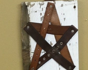 Leather Belts~Star~Upcycle~Rustic Wall Art~Reclaimed~Chippy~Shabby~Country~Decor~Belt Buckle Hanger~Unique~Upcycle~