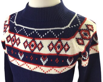 Vintage 70's Ski Sweater JC Penney Acrylic Men's Size Small Nordic Fair Isle Knit Mock Neck Pullover Navy Blue Red White Skiing