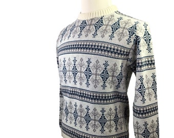 Vintage Ski Sweater Jersild USA Dupont Orlon Acrylic Knit Pullover Men's Size M Neenah Wisconsin Fair Isle   Swiss Knitting Teal Gray Ivory