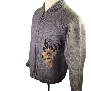 Hand Knit Vintage Cardigan Deer Buck Sweater Cowichan Hand Made Full Zip Size XL Lebowski Hand Knitted Hunting Gray Hunt