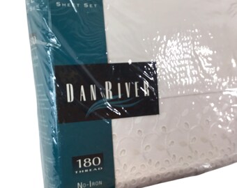 Juego de sábanas Dan River NOS de percal sin planchado, blancas, con ojales, tamaño matrimonial, 180 hilos.