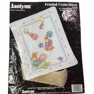 Fly Away Bunny Quilt Janlynn NOS Stamped Printed Cross Stitch Vtg 1993 Balloons