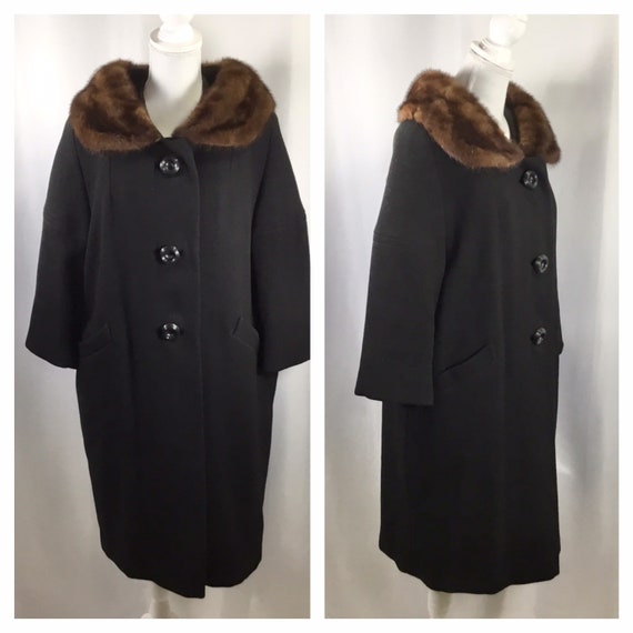 Vintage Womens Coat Mink Collar Black 3/4 Sleeve … - image 1