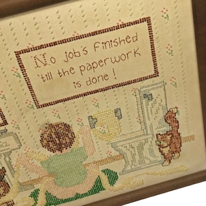 Vintage Finished Framed Stamped Cross Stitch No Job is Finished till the Paperwork is Done! Cat Sampler Bathroom Decor Wall Toilet Paper