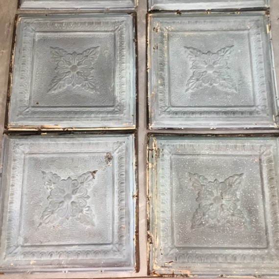 Reclaimed Pressed Tin Ceiling Tiles Lot Of 8 24 Square Metal Green Antique Architecture Salvage Rusty Chippy Shabby Blueish Green Rustic