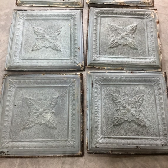 Reclaimed Pressed Tin Ceiling Tiles Lot Of 8 24 Square Metal Salvage Architectural Green Antique Greenish Blue