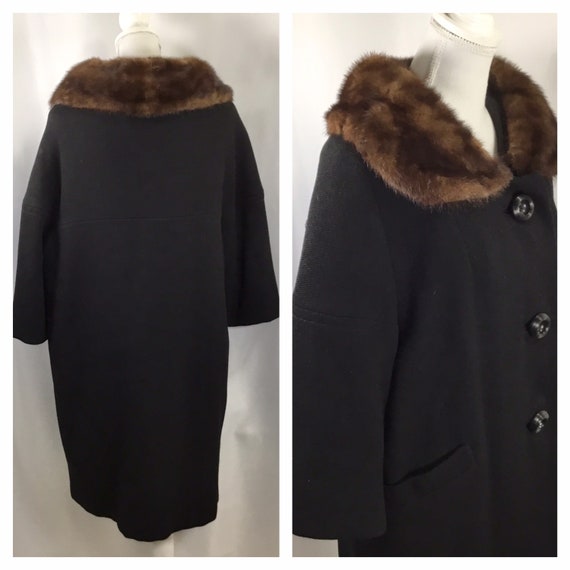 Vintage Womens Coat Mink Collar Black 3/4 Sleeve … - image 2
