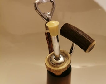 Vintage barware set: corkscrew, wine pourer, bottle opener with stand, 1960s GDR