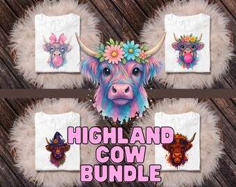 Highland Cow PNG Bundle | 5 Digital Download Clipart | Whimsical Farm Animal Sublimation Designs | Halloween & Pastel Cow Art
