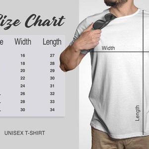 May include: Size chart for a unisex t-shirt. The chart shows the width and length measurements in inches for sizes XS to 4XL.
