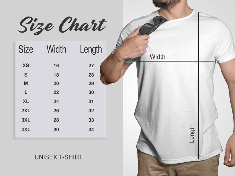 May include: Size chart for a unisex t-shirt. The chart shows the width and length measurements in inches for sizes XS to 4XL.