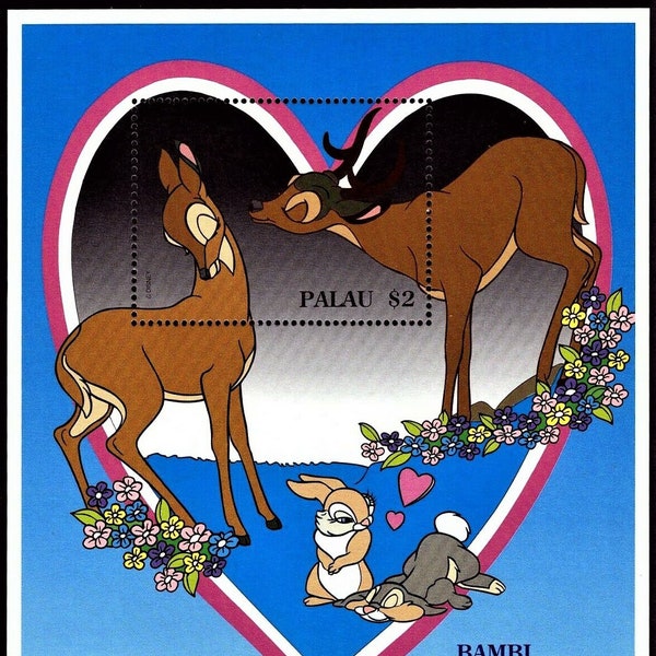 Disney RARE 1996 Palau Scott #395 souvenir sheet postage stamp MNH Bambi, Faline, Thumper & Girl Rabbit one in the series of Love stamps
