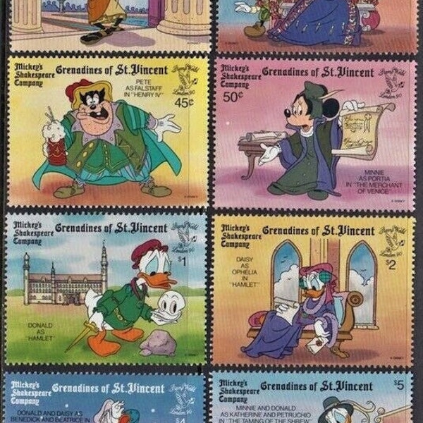 Disney Shakespeare Company 1990 Grenadines of St. Vincent set 8 postage stamps Scott #699-706 MNH Mickey and friends portray characters