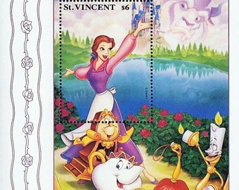 St. Vincent 1992 Disney Souvenir Sheet Scott #1776B MNH animated film cartoon movie Beauty and the Beast - Belle Lumiere Cogsworth Mrs Potts