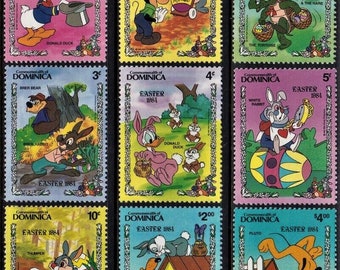 May include: Nine colorful postage stamps from Dominica, featuring Disney characters celebrating Easter 1984. Donald Duck, Mickey Mouse, Pluto, and Thumper are among the characters depicted. Each stamp has a different value, with a decorative border.