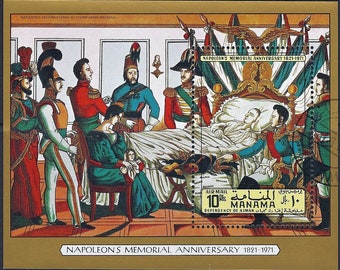 Op de afbeelding: Een vintage postzegel met een afbeelding van Napoleon Bonaparte op zijn sterfbed, omringd door militaire figuren. De postzegel is uit de serie "Napoleon's Memorial Anniversary 1821-1971" die in 1971 werd uitgegeven door de afhankelijkheid van Ajman, Manama.