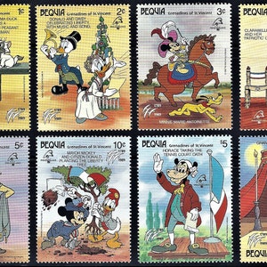 Conjunto Disney High Value Bequia 1989 de 8 sellos y 2 hojas conmemorativas Scott n.° 268-277 MNH Bicentenario de la Revolución Francesa - Trajes de época