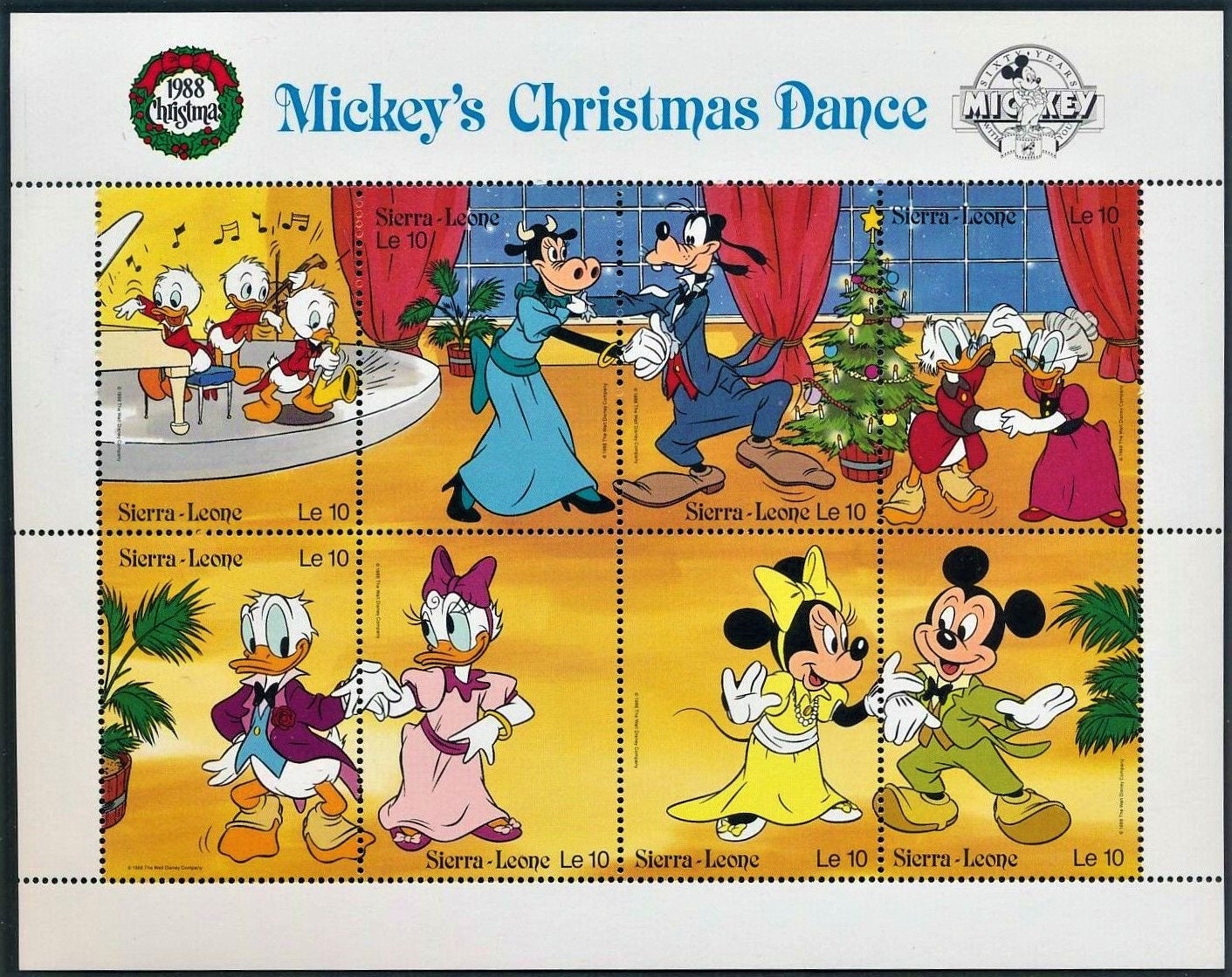 限定品ディズニー☆Authentic Postage Stanp Disney 1988 Sierra Leone Mini-sheet of 8 Postage Stamps and 2