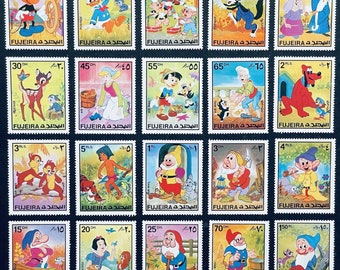 1972 Fujeira 20 individual stamps MNH Disney movie characters Snow White 7 Dwarfs 3 Pigs Bambi Cinderella Pinocchio Jungle Book with COA