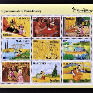 Malediwy 1992 mini-arkusz 9 i 4 arkuszy pamiątkowych Scott #1827-31 MNH Klasyczne dzieła sztuki impresjonistycznej z wstawionymi postaciami Disneya