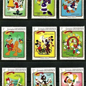 May include: A collection of Grenada Grenadines stamps depicting Disney characters in festive outfits. Characters include Goofy, Clarabelle Cow, Donald Duck, Pluto, Morty & Ferdie, Huey, Dewey & Louie, Daisy & Chip 'n Dale, Big Bad Wolf, and Mickey Mouse.