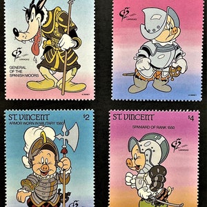 Disney San Vicente 1992, lote de 4 sellos y 1 hoja conmemorativa Scott n.° 1622-6, MNH - Exposición de Granada de 1992 - Tres cerditos con uniformes militares españoles