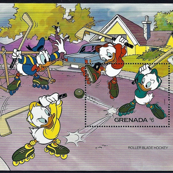 Disney 1992 Grenada Scott #2045 souvenir sheet postage stamp MNH Roller Blade Hockey Donald Duck Huey Dewey & Louie