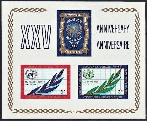 国連創設25周年・30周年記念切手シート（1970年、1975年）スコット番号
