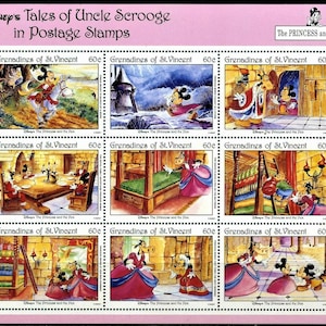 Disney RARE 1992 Grenadines of St. Vincent mini arkusz 9 znaczków i 2 arkusze pamiątkowe Scott #965 972-3 MNH kreskówka „Księżniczka na ziarnku grochu”