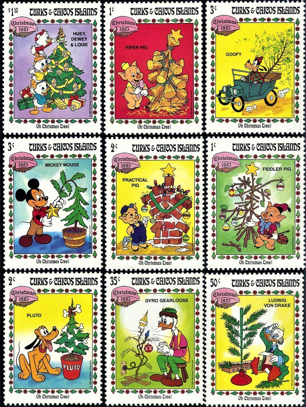 ディズニー クリスマス タークス カイコス諸島 1983 年セット 切手 9