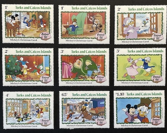 Selos do filme "Um Conto de Natal da Disney": Conjunto de 1982 das Ilhas Turcas e Caicos, sem uso.