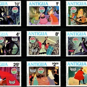 RZADKI Disney Antigua 1980 Boże Narodzenie - arkusz pamiątkowy i zestawy 6 lub 9 znaczków Scott #592-601 MNH film animowany Śpiąca Królewna