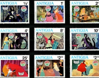 RARE Disney Antigua 1980 Christmas - a souvenir sheet & sets of 6 or 9 stamps Scott #592-601 MNH cartoon animation movie Sleeping Beauty