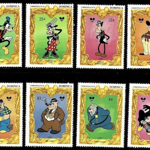 Disney Dominica 1994, conjunto de 8 sellos y 2 hojas conmemorativas, Scott n.° 1730-9, MNH, dibujo animado: 65.º aniversario del cumpleaños de Mickey