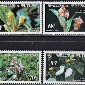 May include: Four stamps from Wallis and Futuna, a French territory in the South Pacific. Each stamp features a different orchid species and the French text "ORCHIDEES" and "RUBIACEES".