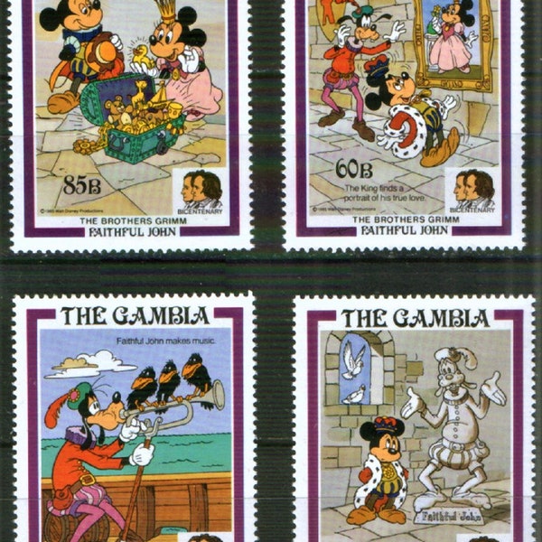 RARE Disney Gambia 1985 complete set of 4 postage stamps Scott #560-1, 564, 567 MNH - Brothers Grimm - Faithful John