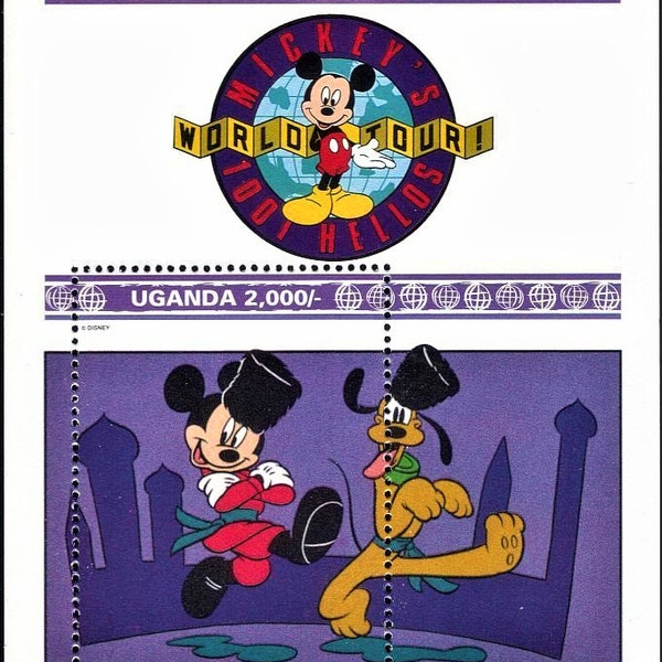 Disney Uganda 1992 souvenir sheet postage Scott #989 MNH Mickey's World Tour - Mickey Mouse and Pluto perform Cossack Dance in Moscow Russia